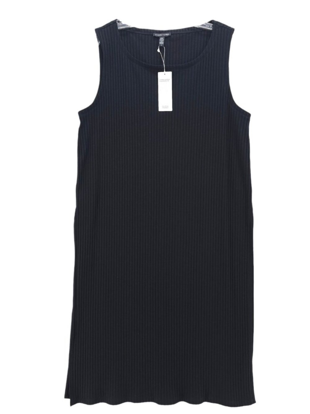 NWT EILEEN FISHER Black Ribbed Ballet Neck Long Tunic Top Tencel Lyocell LARGE